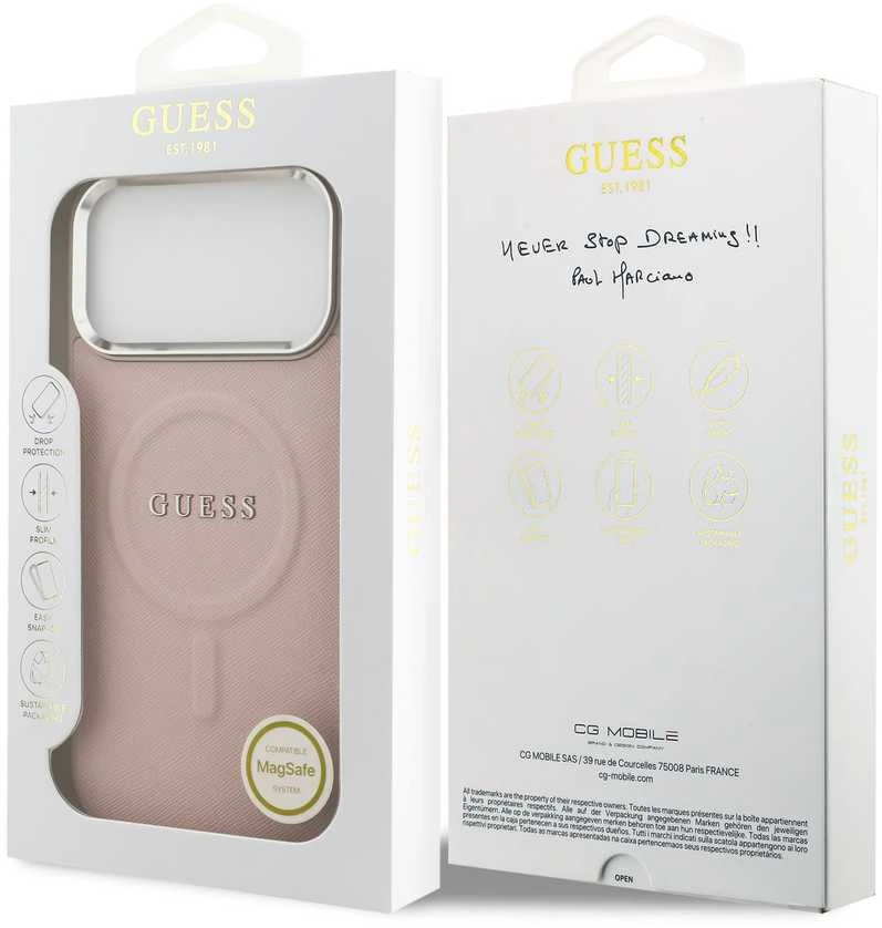 Guess PU Saffiano MagSafe dėklas skirtas Apple iPhone 17 Pro rožinės spalvos