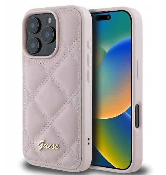 Guess GUHCP16SPSQSQSP Apple iPhone 16 6.1″ rožinės spalvos kietas dėklas Quiled Metal Logo