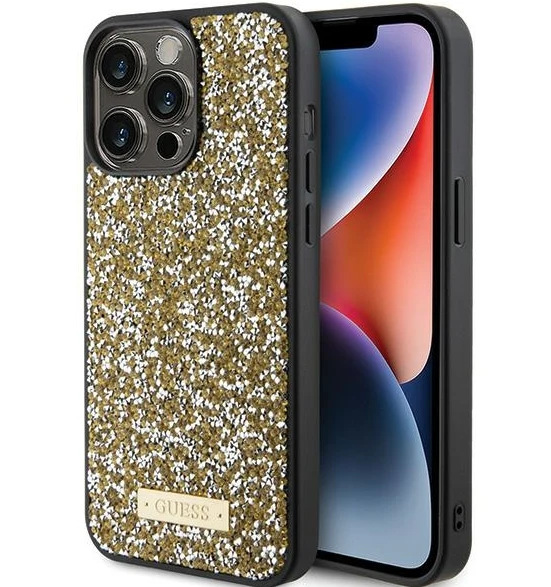 Apple iPhone 15 Guess dėklas Rhinestone Metal Logo (GUHCP15SPFGSBSD) geltonos spalvos