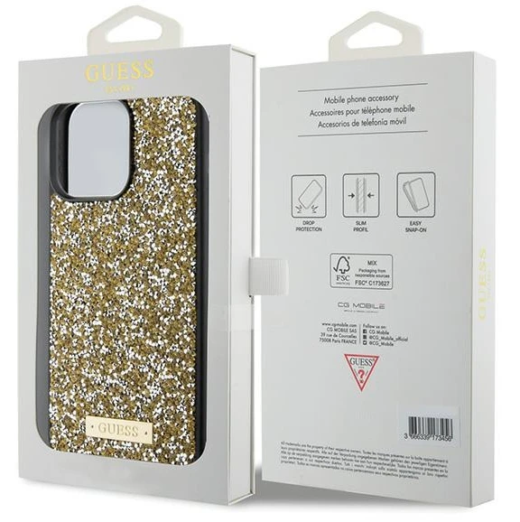 Apple iPhone 15 Guess dėklas Rhinestone Metal Logo (GUHCP15SPFGSBSD) geltonos spalvos