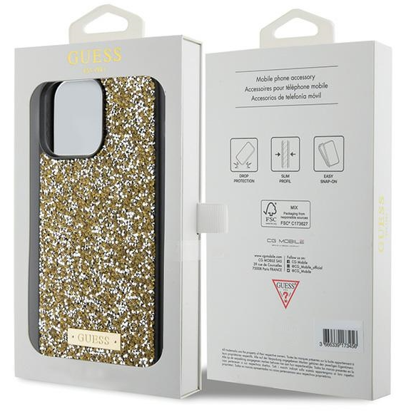 Apple iPhone 15 Guess dėklas Rhinestone Metal Logo (GUHCP15SPFGSBSD) geltonos spalvos