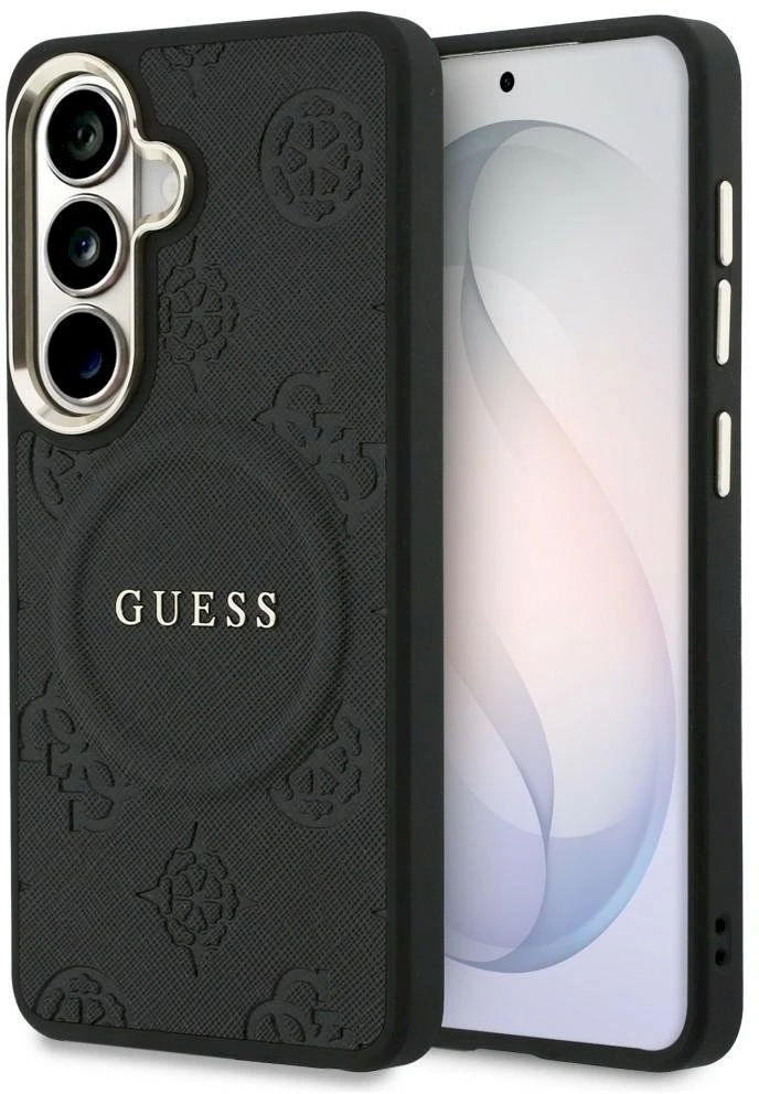 Dėklas Guess Saffiano Peony Embossed Ring MagSafe do Samsung Galaxy S26+ juoda