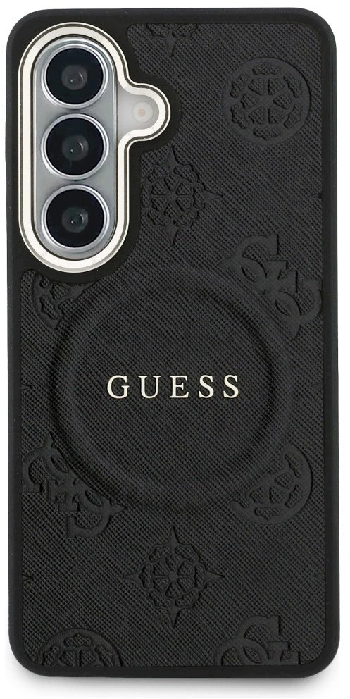 Dėklas Guess Saffiano Peony Embossed Ring MagSafe do Samsung Galaxy S26+ juoda