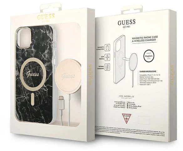 Guess Rinkinys GUBPP14MHMEACSK Dėklas+Įkroviklis iPhone 14 Plus / 15 Plus 6.7″ juodos spalvos kietas dėklas Marbl