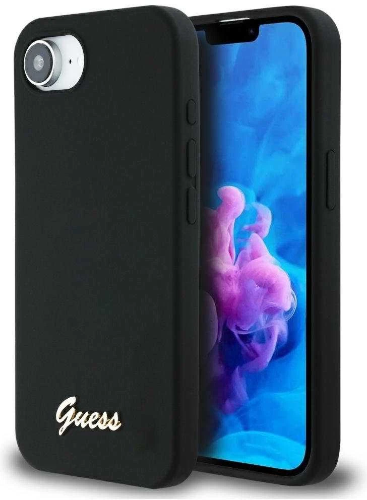 Dėklas Guess Silicone Script Metal Logo MagSafe iPhone 16e Case - Juodas
