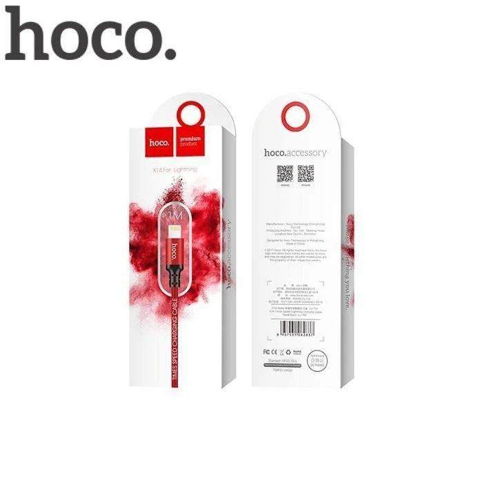 USB kabelis Hoco X14 Lightning, raudonas-juodas 1.0m