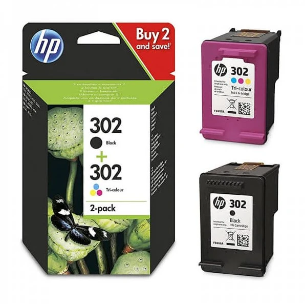 Hewlett Packard (HP) HP 302 2 juodų / trijų spalvų rašalo kasečių pakuotė, 190/165 puslapiai, skirtos HP Deskjet 1110/2130/3630, HP Envy 4520