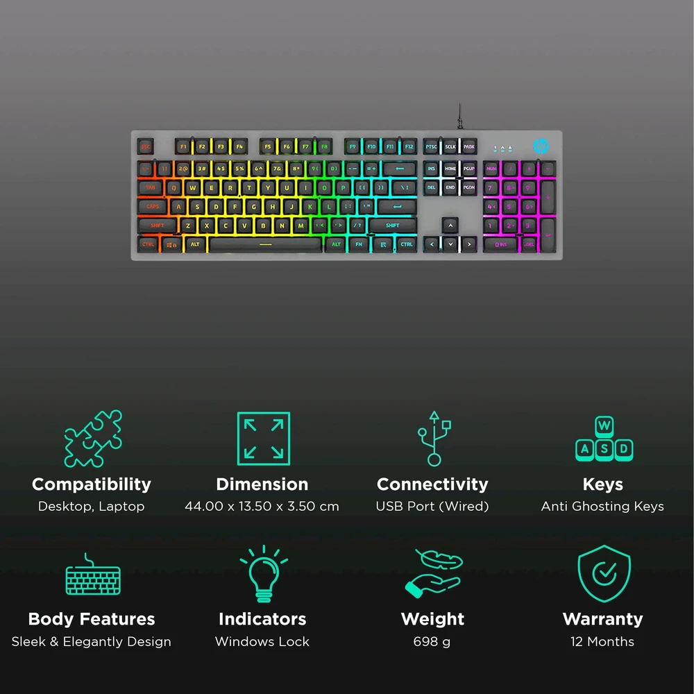 Klaviatūra HP K500Y/F USB Membrane Klaviatūra žaidimams RGB / ENG