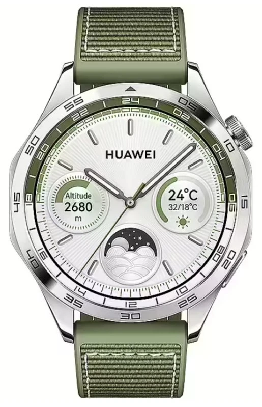 Išmanusis laikrodis Huawei Watch GT 4 Active (46 mm), Nerūdijančio plieno korpusas su austu žalios spalvos kompoziciniu dirželiu