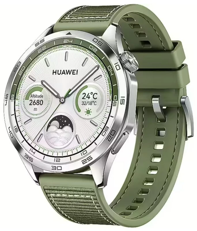 Išmanusis laikrodis Huawei Watch GT 4 Active (46 mm), Nerūdijančio plieno korpusas su austu žalios spalvos kompoziciniu dirželiu
