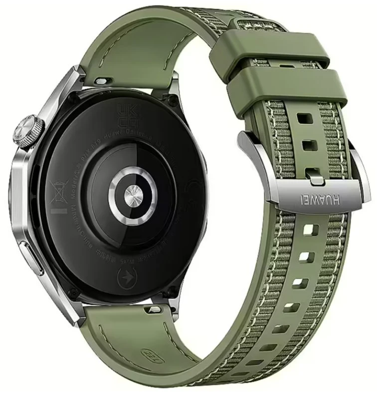 Išmanusis laikrodis Huawei Watch GT 4 Active (46 mm), Nerūdijančio plieno korpusas su austu žalios spalvos kompoziciniu dirželiu