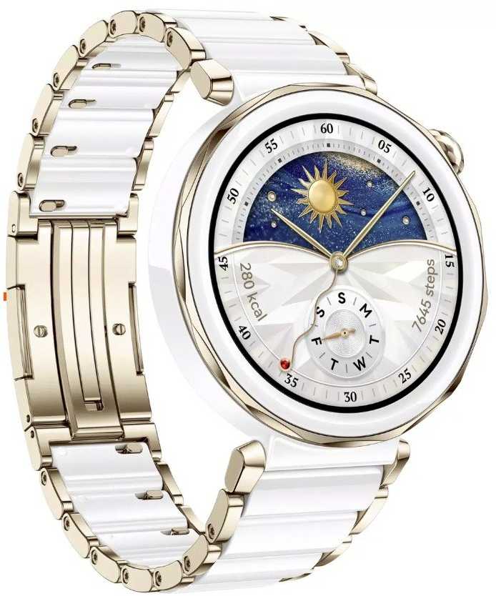 Išmanusis laikrodis Huawei Watch GT 5 Pro Active (42 mm), Baltos spalvos keramikinis dirželis su aukso spalvos detalėmis