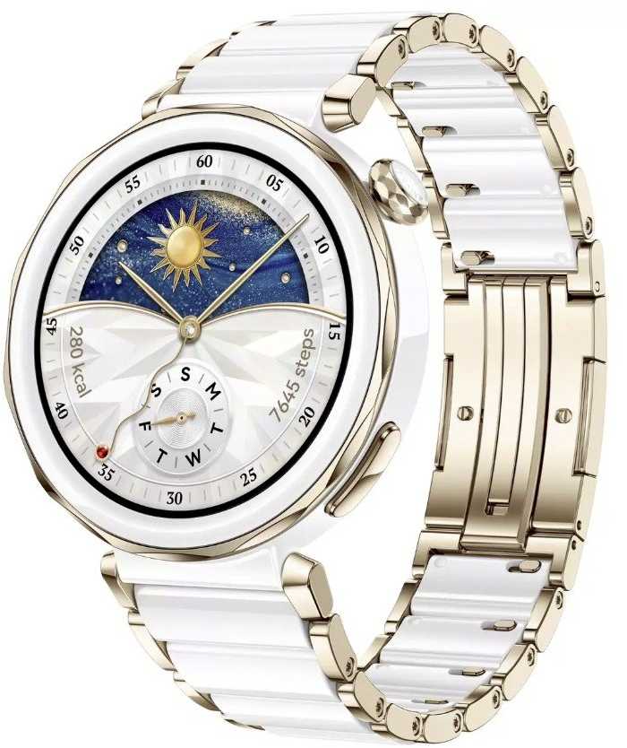 Išmanusis laikrodis Huawei Watch GT 5 Pro Active (42 mm), Baltos spalvos keramikinis dirželis su aukso spalvos detalėmis