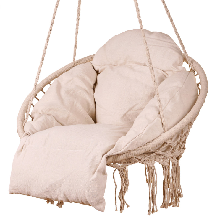 Boho stiliaus pakabinamas krėslas su pagalve, 120 kg, ecru spalvos