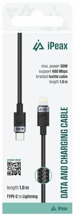 iPEAX USB-C į Lightning pynė laidas, 1 m, USB 2.0, juoda