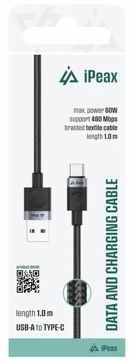 iPEAX USB-A į USB-C audinio kabelis, 1 m, USB 2.0, juodas