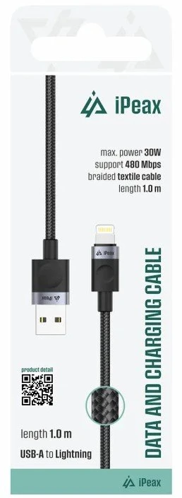 iPEAX USB-A į „Lightning“ audinio kabelis, 1 m, USB 2.0, juodas