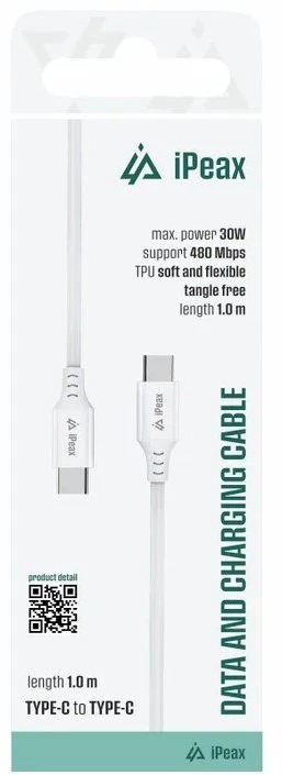 iPEAX TPU USB-C į USB-C laidas, 1 m, USB 2.0, baltas