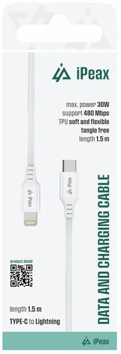 iPEAX TPU USB-C į Lightning kabelis, 1,5 m, USB 2.0, Baltas