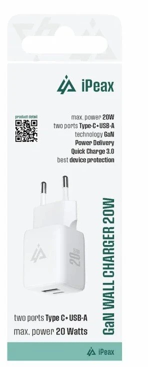 iPEAX GaN 20 W sieninis įkroviklis (USB-C + USB-A), baltas