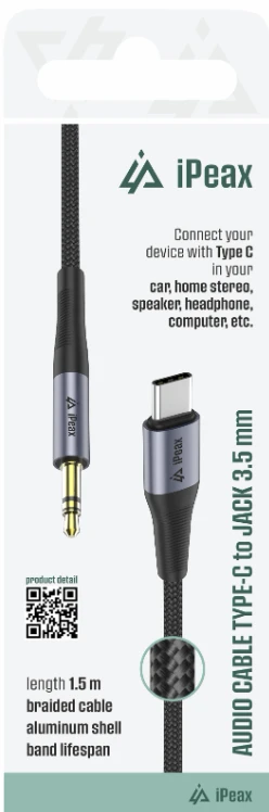 iPEAX USB-C to 3.5 mm Jack Adapteris, 1.5 m, Juodas