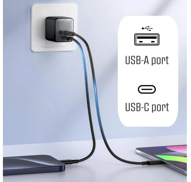 iPEAX GaN 20 W sieninis įkroviklis (USB-C + USB-A), juodas