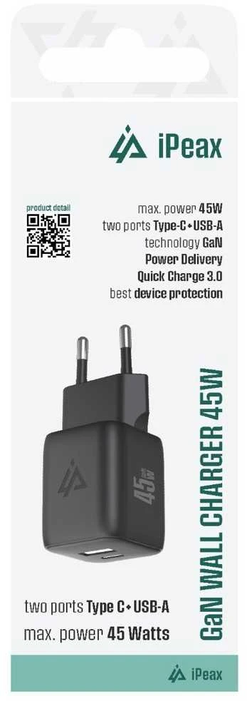 „iPeax GaN“ USB-C / USB-A įkroviklis, 45 W