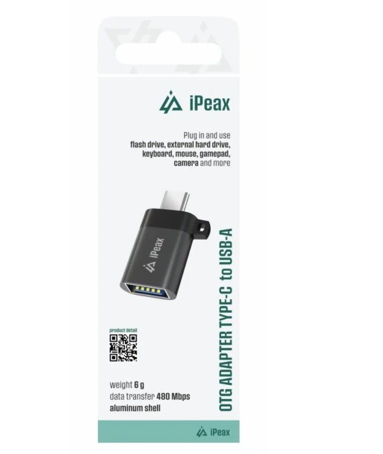 iPEAX USB-C to USB-A (female) OTG Adapteris, Juodas