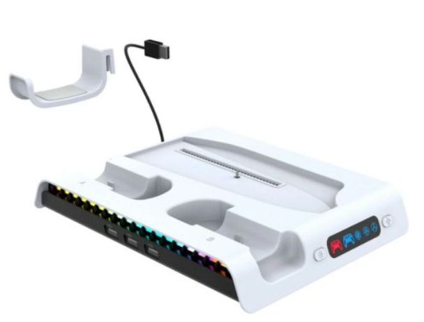 iPega P5S006 daugiafunkcis įkrovimo RGB stovas su aušinimu, skirtas PS5 Slim Baltas