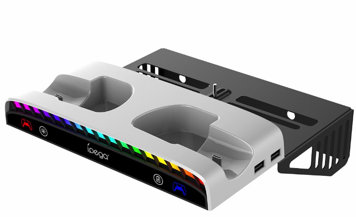iPega P5S011 sieninis tvirtinimo stovas, skirtas PS5/PS5 Slim su dvigubu įkroviklio doku PS5 valdikliui