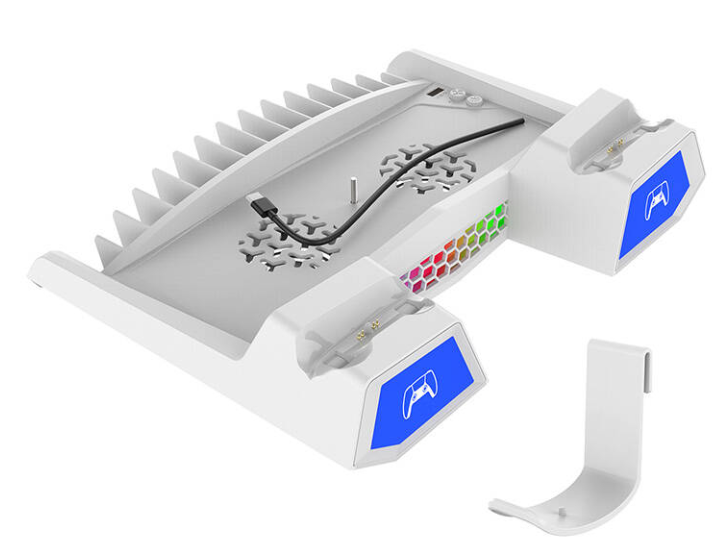 iPega P5S023 daugiafunkcis įkrovimo RGB stovas su aušinimu, skirtas PS5/PS5 plonas baltas