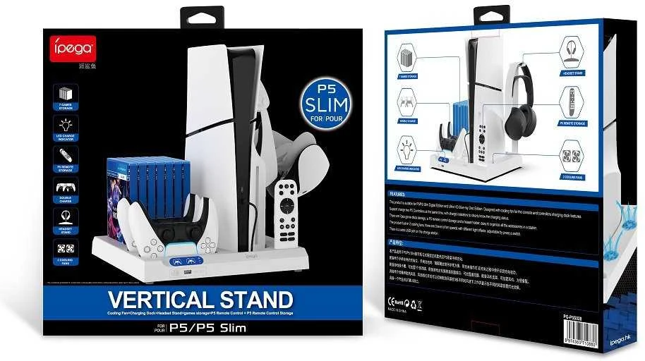 iPega P5S028 viskas viename įkrovimo stovas su aušinimu, skirtas PS5/PS5 Slim Juodas