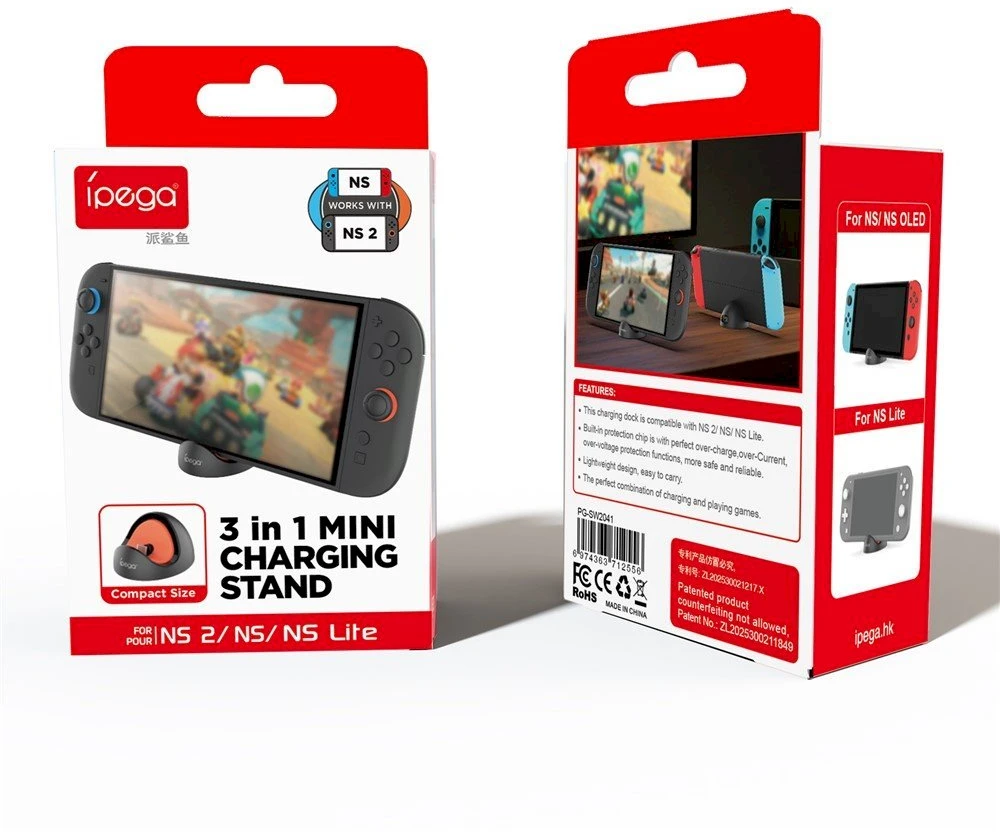 iPega SW2041 Mini Charger Dock for Switch Lite/Nintendo Switch/Nintendo Switch 2 juodos spalvos/raudonos spalvos