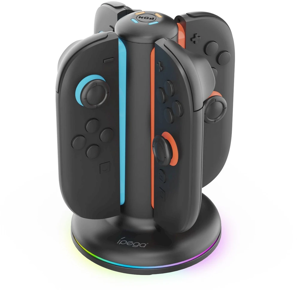 „iPega SW2052“ įkroviklio stotelė su RGB šviesa, skirta „JoyCon“ valdikliams, „Nintendo Switch 2“, juoda