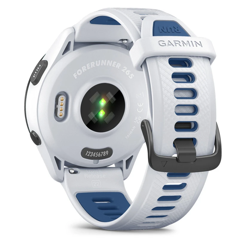 Išmanusis laikrodis Garmin Forerunner 265. Juodas apvadas su baltojo akmens spalvos korpusu ir baltojo akmens bei melsvos spalvos silikoniniu dirželiu
