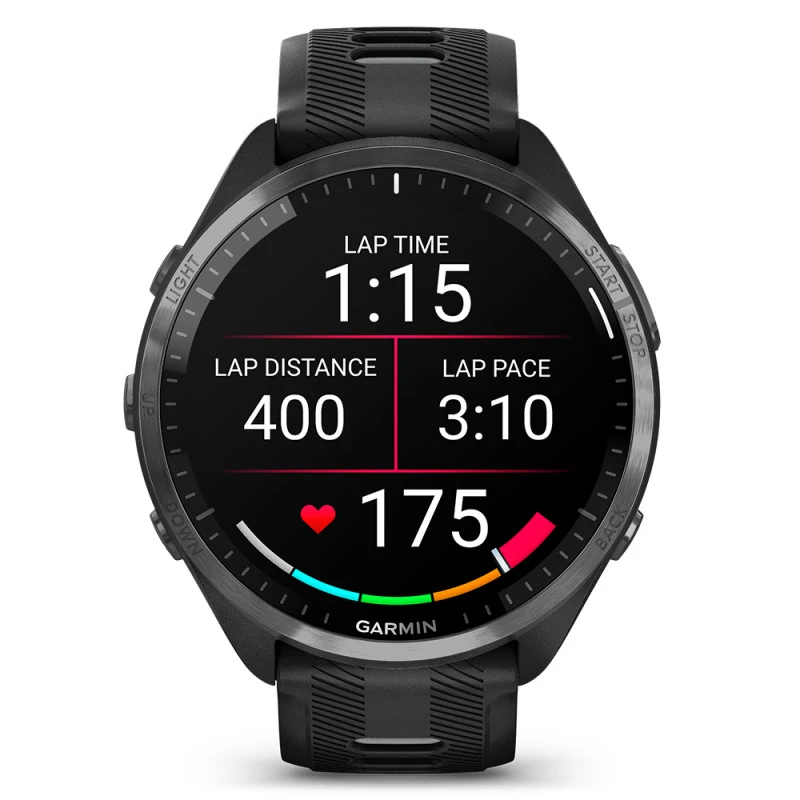 Garmin Išmanusis laikrodis Forerunner® 965, Pilkos anglies spalvos korpusas su juodos ir pilkos spalvų dirželiu