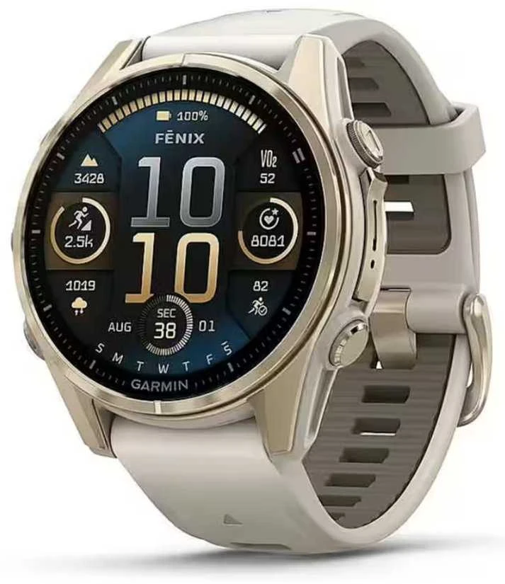 Išmanusis laikrodis Garmin Fenix 8 – 43 mm, AMOLED Sapphire, Šviesaus aukso ir rūko pilkos / tamsios smiltainio spalvos silikoninis dirželis