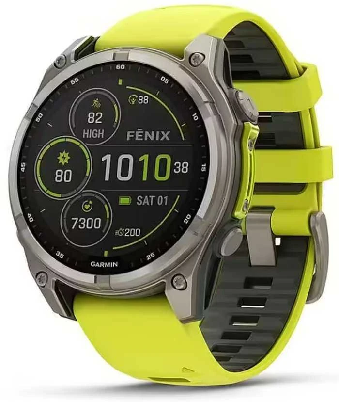 Išmanusis laikrodis Garmin Fenix 8 51mm, Solar, Sapphire, Titanas su ryškiai geltonu / grafito spalvos silikoniniu dirželiu