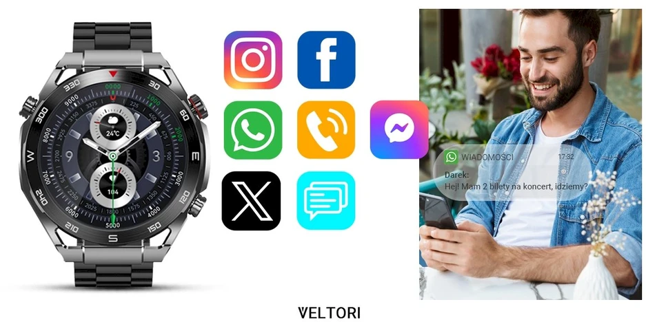 VELTORI VT100-1 Išmanusis laikrodis + Juodas silikoninis dirželis + Juoda ekooda