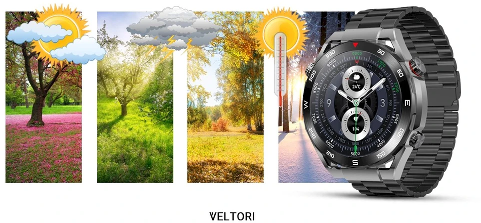 VELTORI VT100-1 Išmanusis laikrodis + Juodas silikoninis dirželis + Juoda ekooda