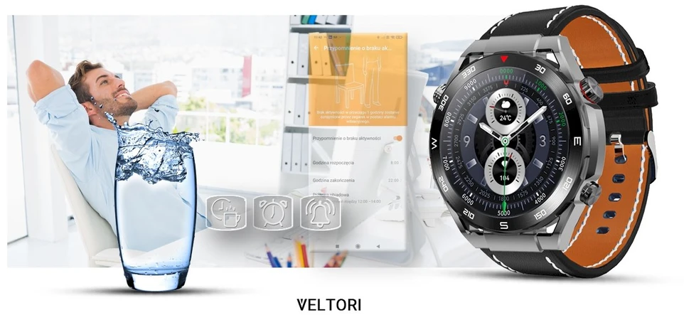 VELTORI VT100-1 Išmanusis laikrodis + Juodas silikoninis dirželis + Juoda ekooda