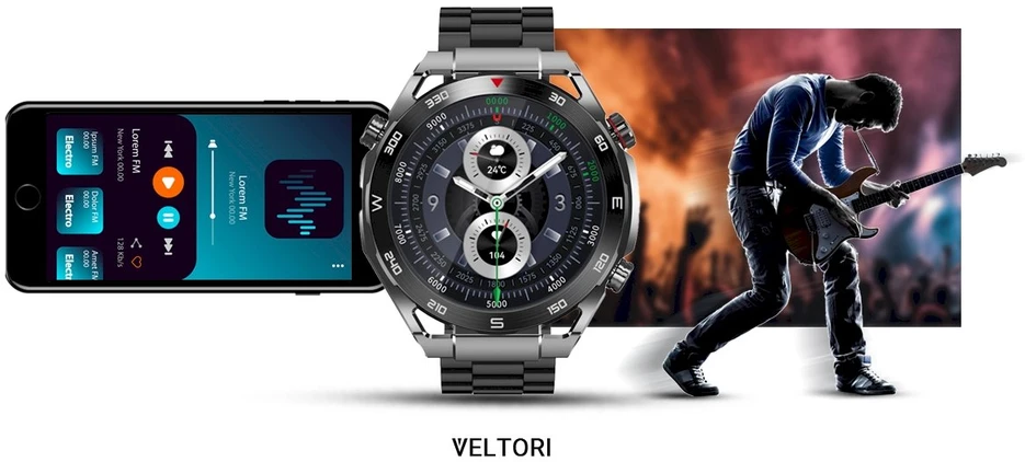 VELTORI VT100-1 Išmanusis laikrodis + Juodas silikoninis dirželis + Juoda ekooda