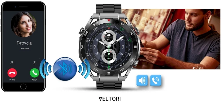 VELTORI VT100-1 Išmanusis laikrodis + Juodas silikoninis dirželis + Juoda ekooda