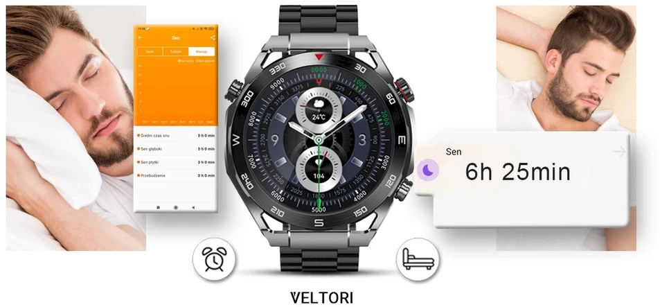 VELTORI VT100-1 Išmanusis laikrodis + Juodas silikoninis dirželis + Juoda ekooda