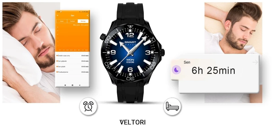 VELTORI VT150-1 Išmanusis laikrodis Juodas silikoninis dirželis ir Juoda apyrankė