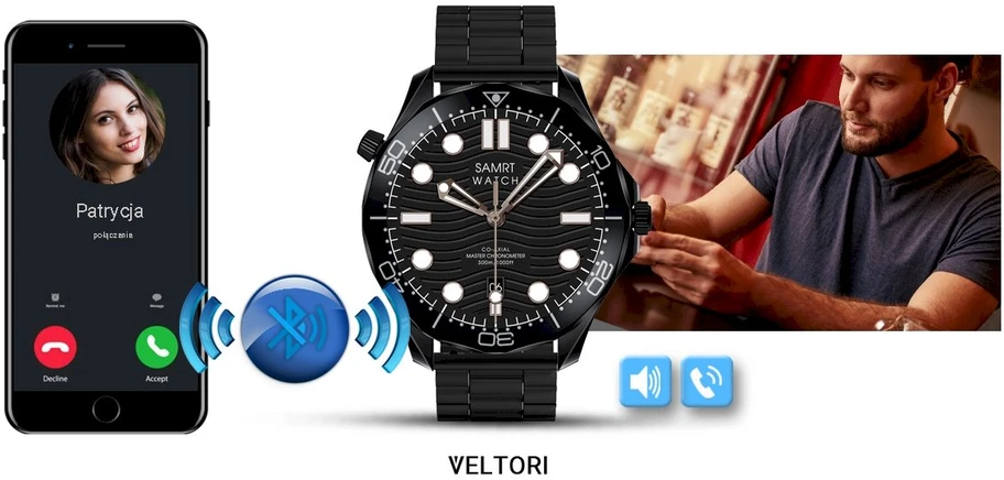 VELTORI VT150-1 Išmanusis laikrodis Juodas silikoninis dirželis ir Juoda apyrankė