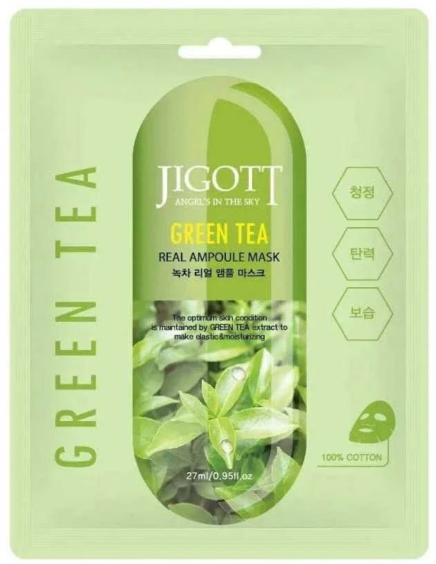 Jigott Žalias Tea Real Ampoule Mask - lakštinė veido kaukė su žaliosios arbatos ekstraktu, 27 ml