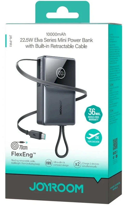 Joyroom JR-PR1 10000mAh 22.5W išorinė baterija su integruotu ištraukiamu USB-C laidu – juodos spalvos