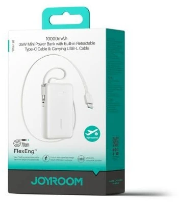 „Joyroom JR-PR2L“ 10000mAh 35W išorinė baterija su integruotu ištraukiamu USB-C laidu ir „Lightning“ laidu – Baltas