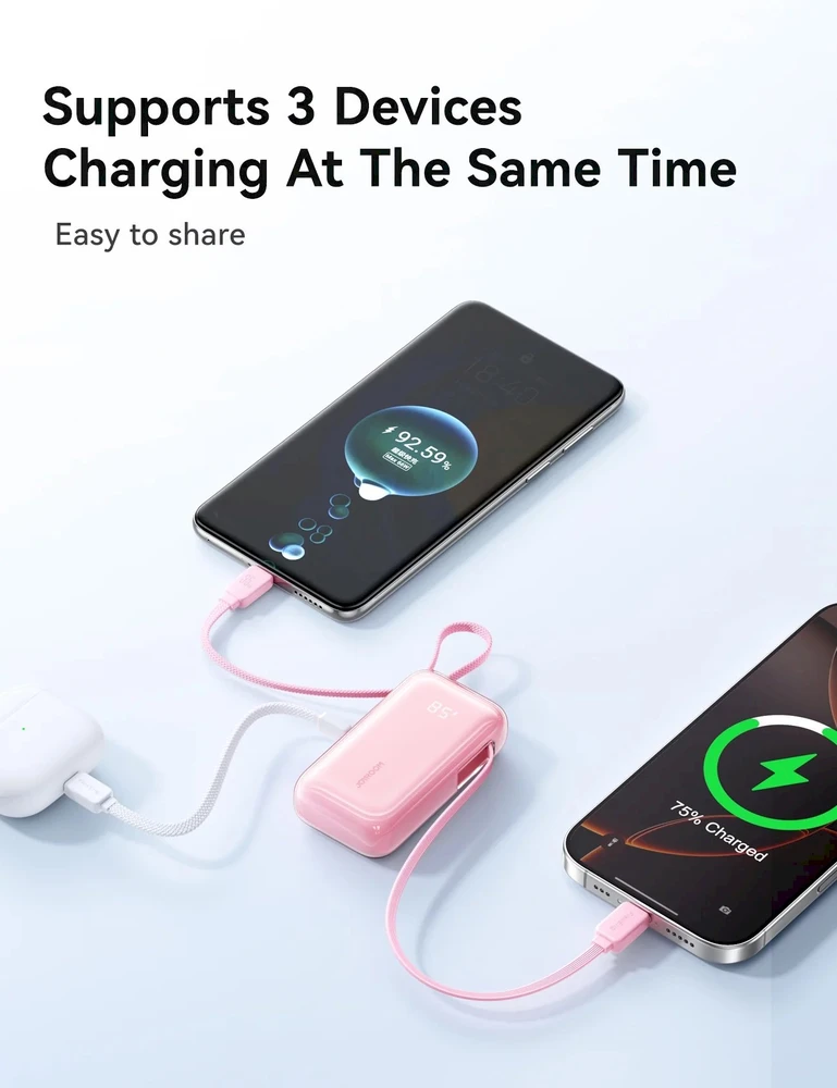 „Joyroom JR-PR2L“ 10000mAh 35W išorinė baterija su integruotu ištraukiamu USB-C laidu ir USB-C virvele - Mėlyna
